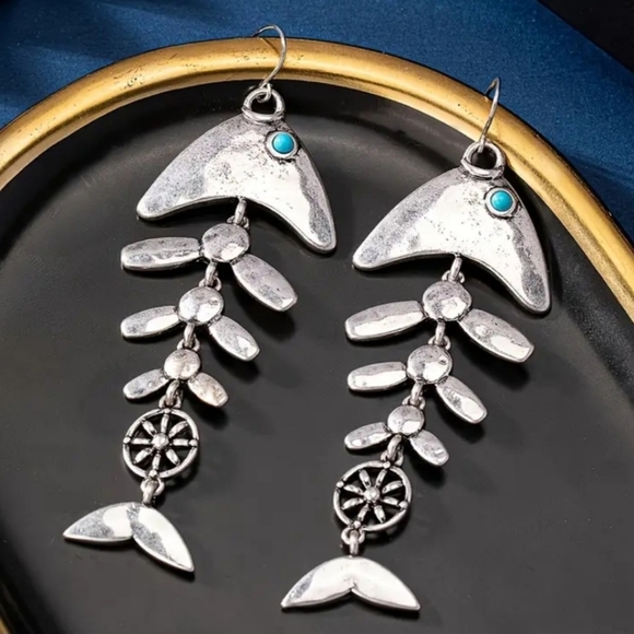 Vintage Inspired Boho Fish Bone Dangle Earrings With Turquoise Accents - Picture 7 of 13